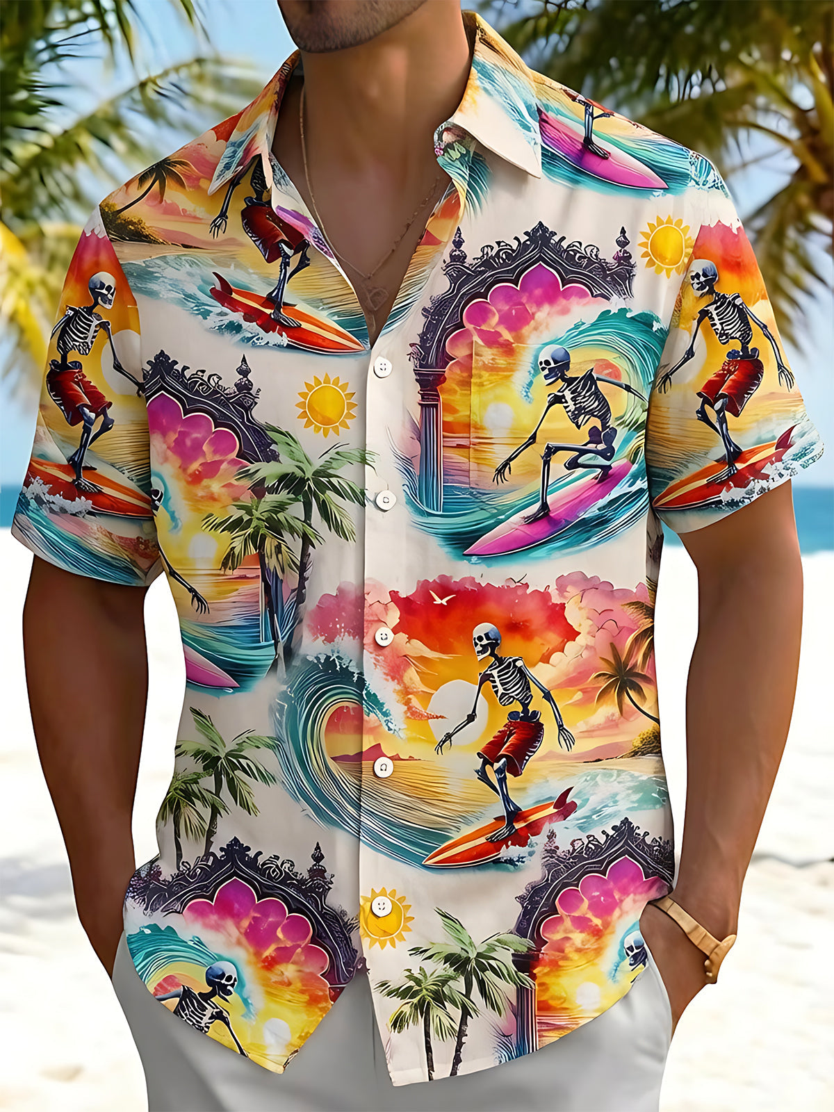 Fun Hawaiian Island Surfing Skeleton Men's Pocket Short Sleeve Shirts