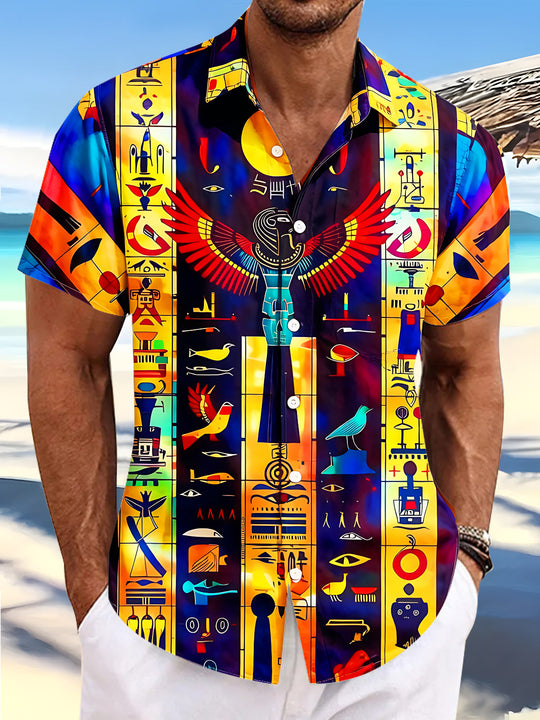 Vibrant Colorful Ancient Egyptian Hieroglyph Ethnic Totem Men's Pocket Short Sleeve Shirts