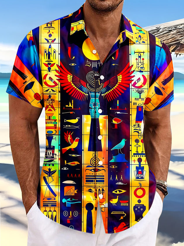 Vibrant Colorful Ancient Egyptian Hieroglyph Ethnic Totem Men's Pocket Short Sleeve Shirts