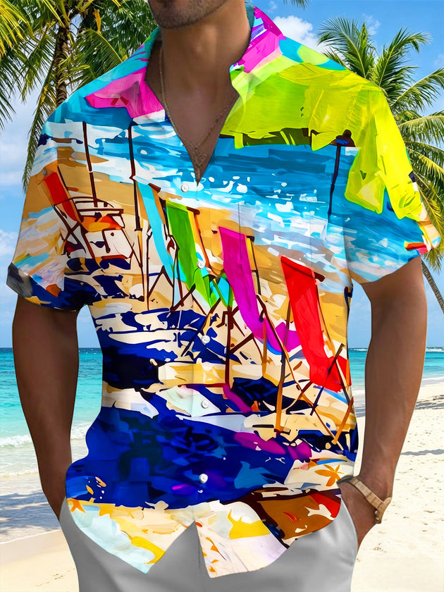 Hawaiian Colorful Beach Lounge Scenery Men's Pocket Short Sleeve Shirts