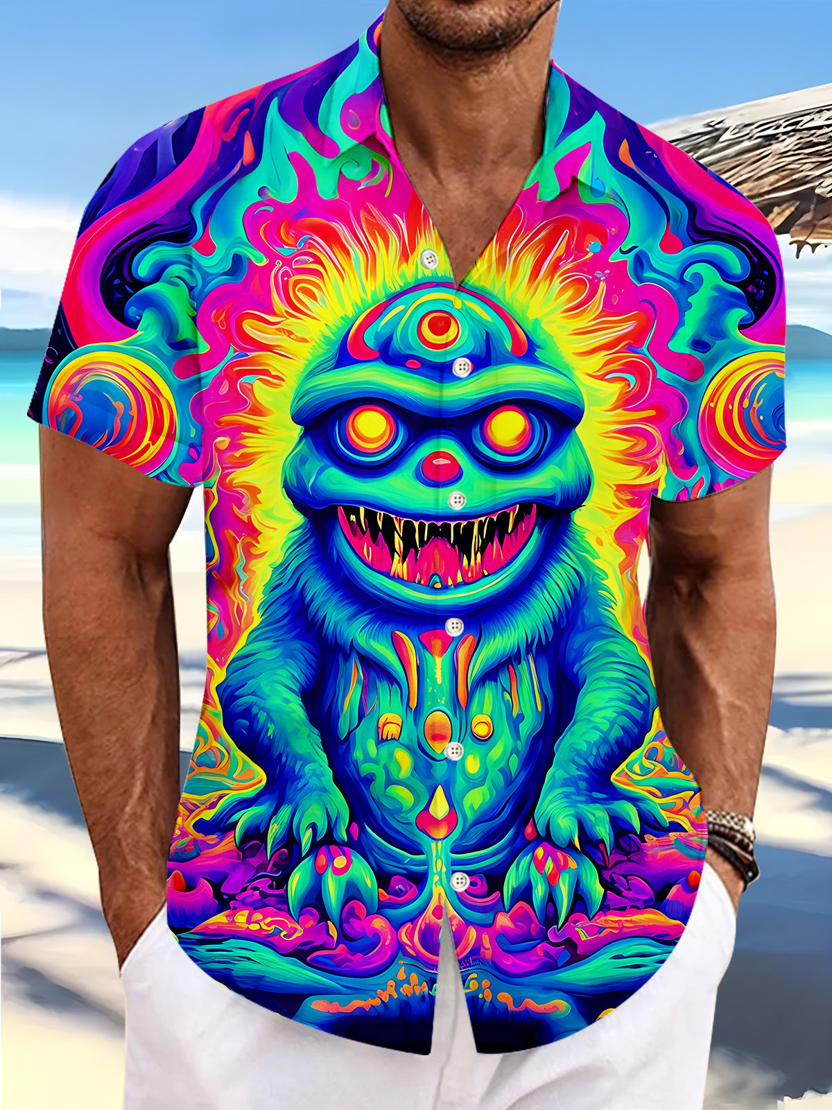 Fun Psychedelic Neon Vibrant Colorful Monster Men's Pocket Short Sleeve Shirts