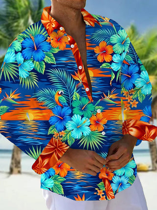 Adaychic Men's Hawaiian Floral Tropical Hibiscus Parrot Sunset Print Long Sleeve Button Down Shirt with Chest Pocket
