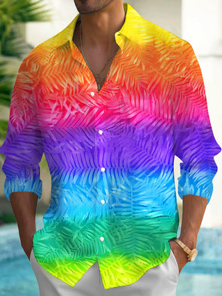 Adaychic Men's Tropical Rainbow Gradient Palm Leaf Print Long Sleeve Button Down Shirt with Chest Pocket