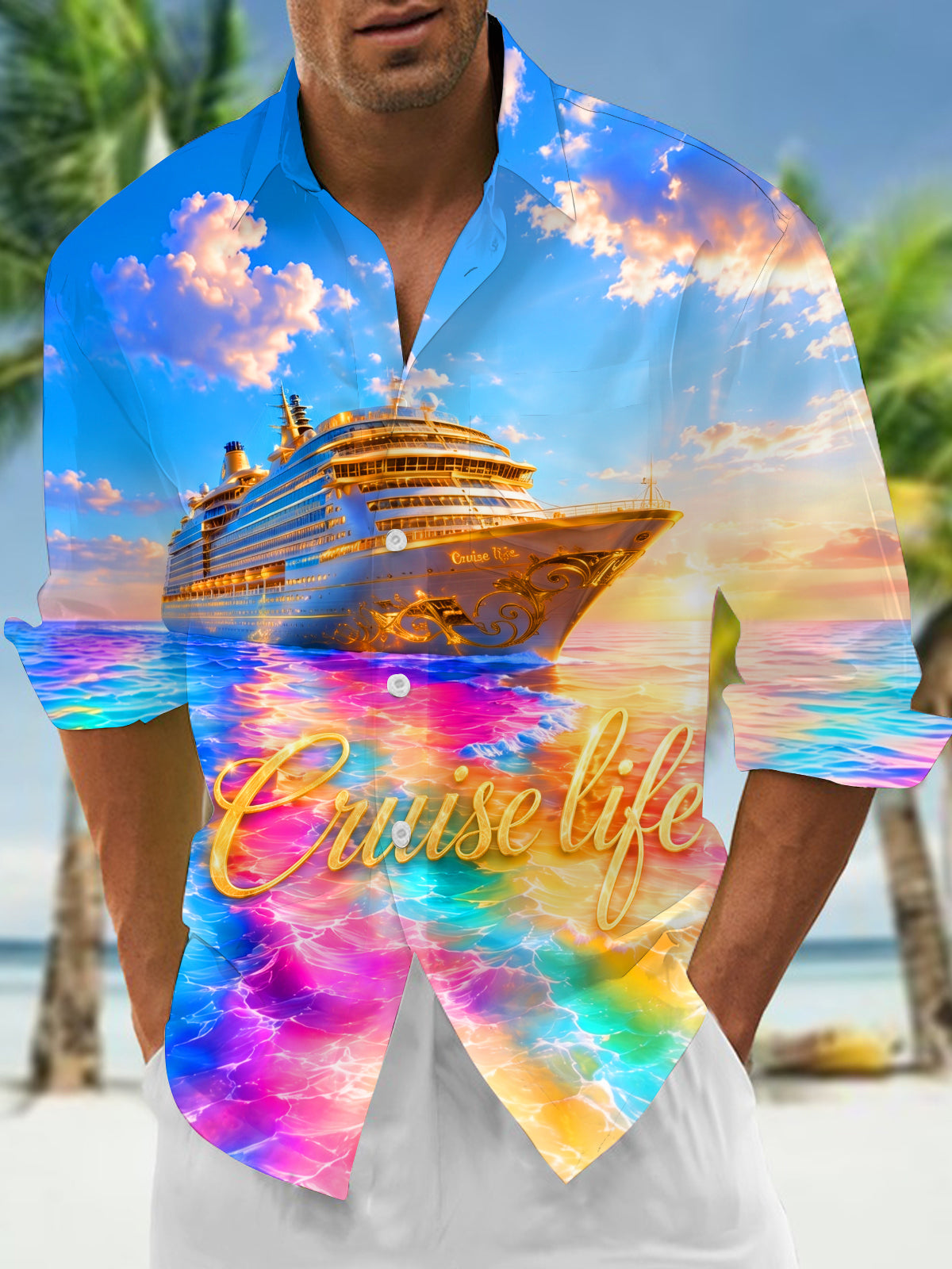 Colorful Sea Luxury Cruise Life Men's Pocket Long Sleeve Shirts