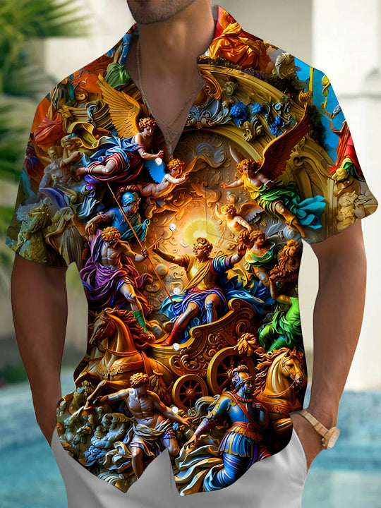 Vintage Colorful Art Relief Men's Pocket Short Sleeve Shirts
