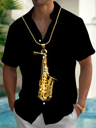 Adaychic Men's Graphic 3D Gold Saxophone Chain Print Short Sleeve Button Down Shirt with Chest Pocket