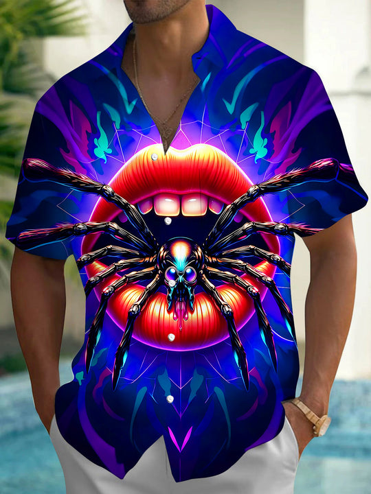 Dark Fun Red Lip Spider Men's Pocket Short Sleeve Shirts