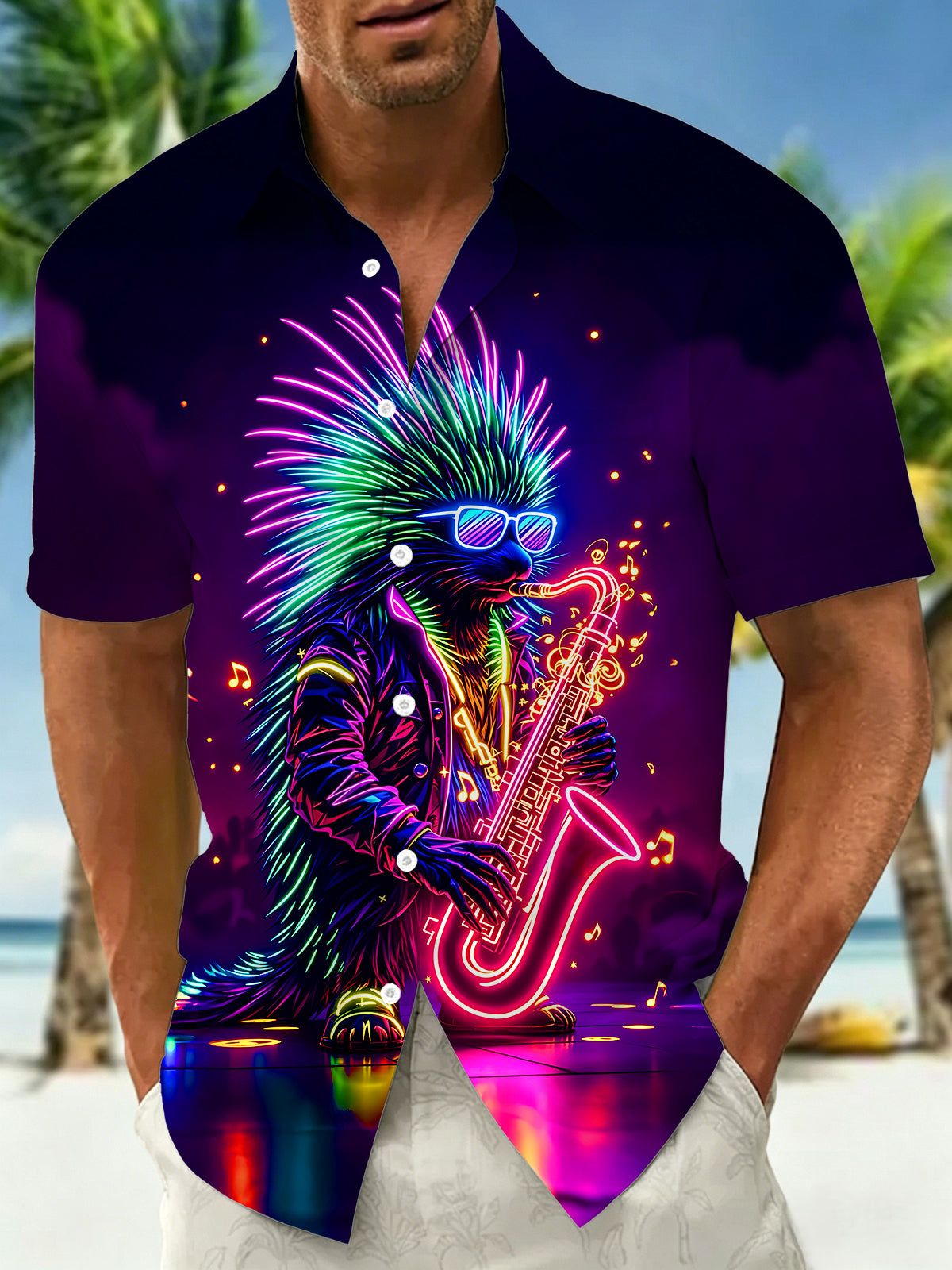 Neon Colorful Glowing Hedgehog Saxophone Men's Pocket Short Sleeve Shirts