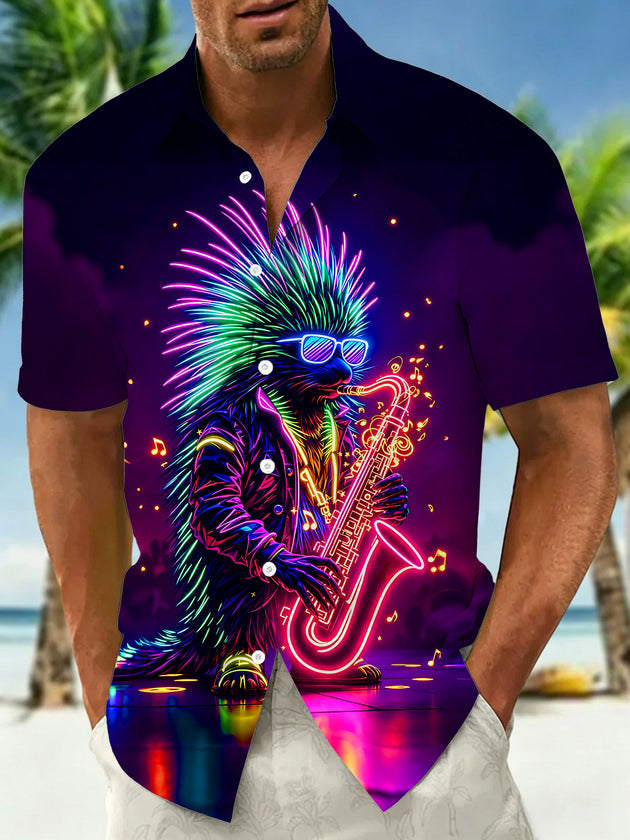 Neon Colorful Glowing Hedgehog Saxophone Men's Pocket Short Sleeve Shirts