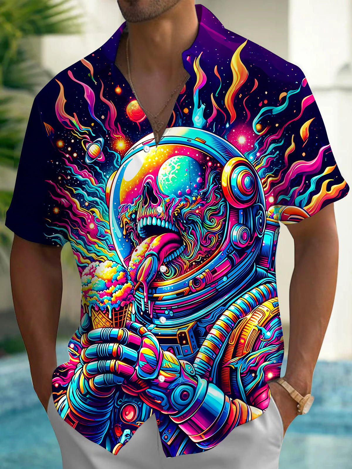 Fun Abstract Psychedelic Space Skull Astronaut Eating Ice Cream Men's Pocket Short Sleeve Shirts