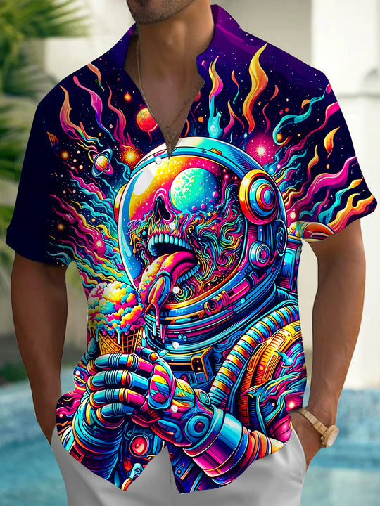 Fun Abstract Psychedelic Space Skull Astronaut Eating Ice Cream Men's Pocket Short Sleeve Shirts