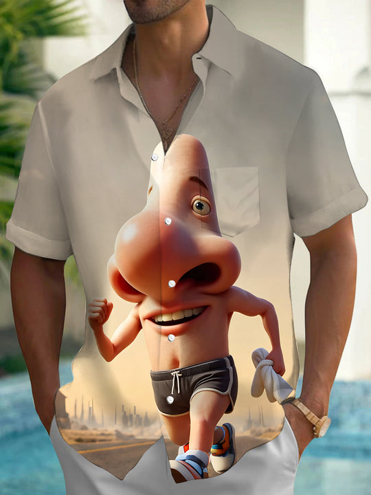 Funny Big-Nose Cartoon Running Character Men's Pocket Short Sleeve Shirts