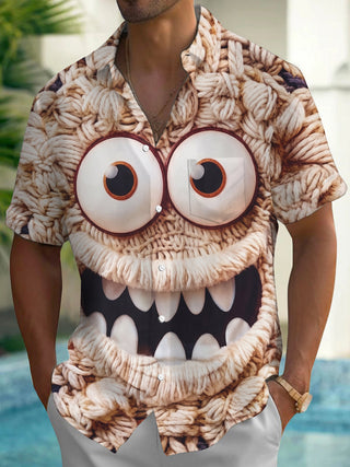 Adaychic Men's Graphic 3D Knitted Monster Face Print Short Sleeve Button Down Shirt with Chest Pocket