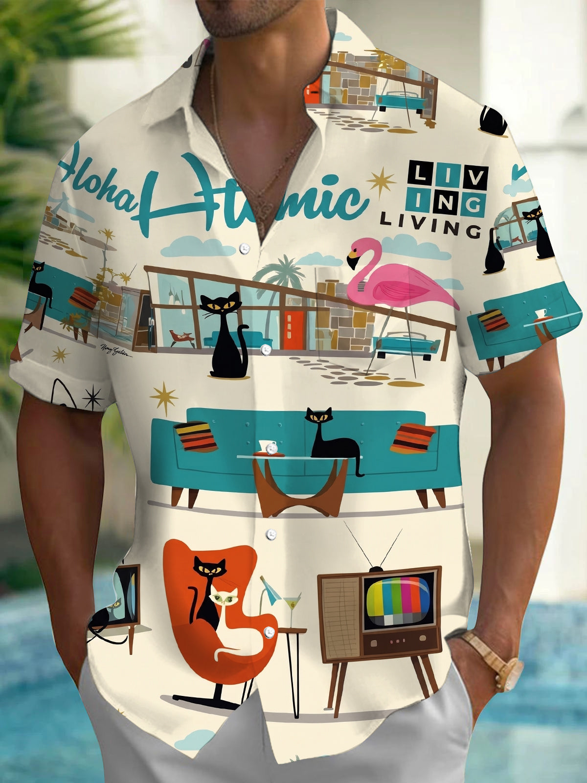 Retro Mid-Century Cat Home Decor Men's Pocket Short Sleeve Shirts