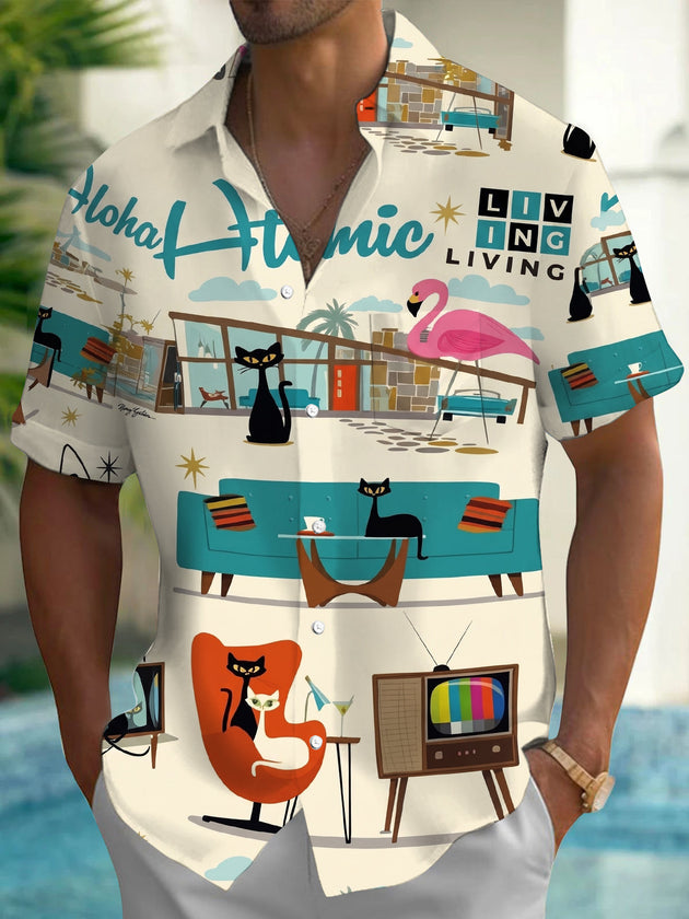 Retro Mid-Century Cat Home Decor Men's Pocket Short Sleeve Shirts