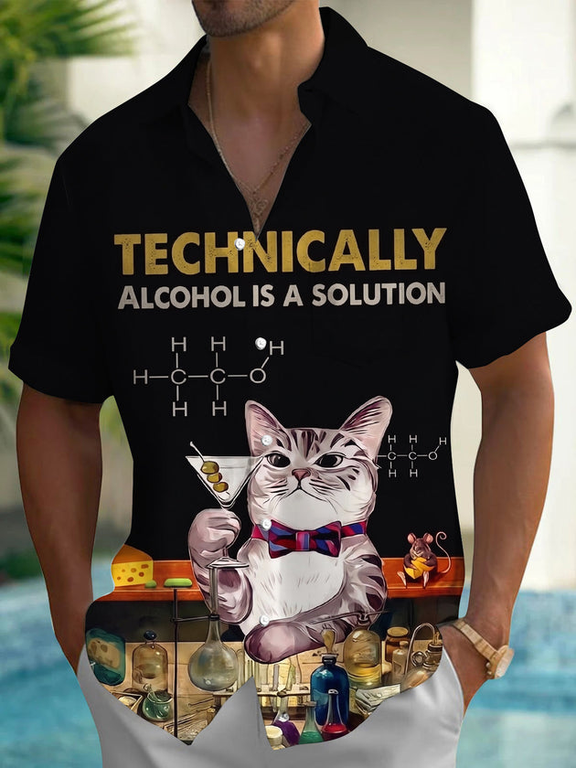 Fun Creative Cat With Chemistry Wine Joke Men's Pocket Short Sleeve Shirts