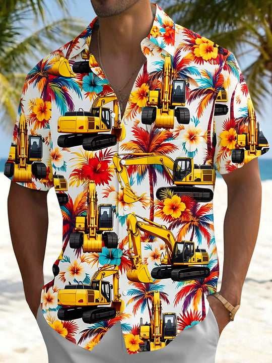 Fun Hawaiian Tropical Palm Foliage Excavator Men's Pocket Short Sleeve Shirts