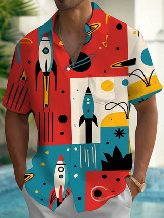 Adaychic Men's Retro Space Rocket Graphic Print Short Sleeve Button Down Shirt with Chest Pocket
