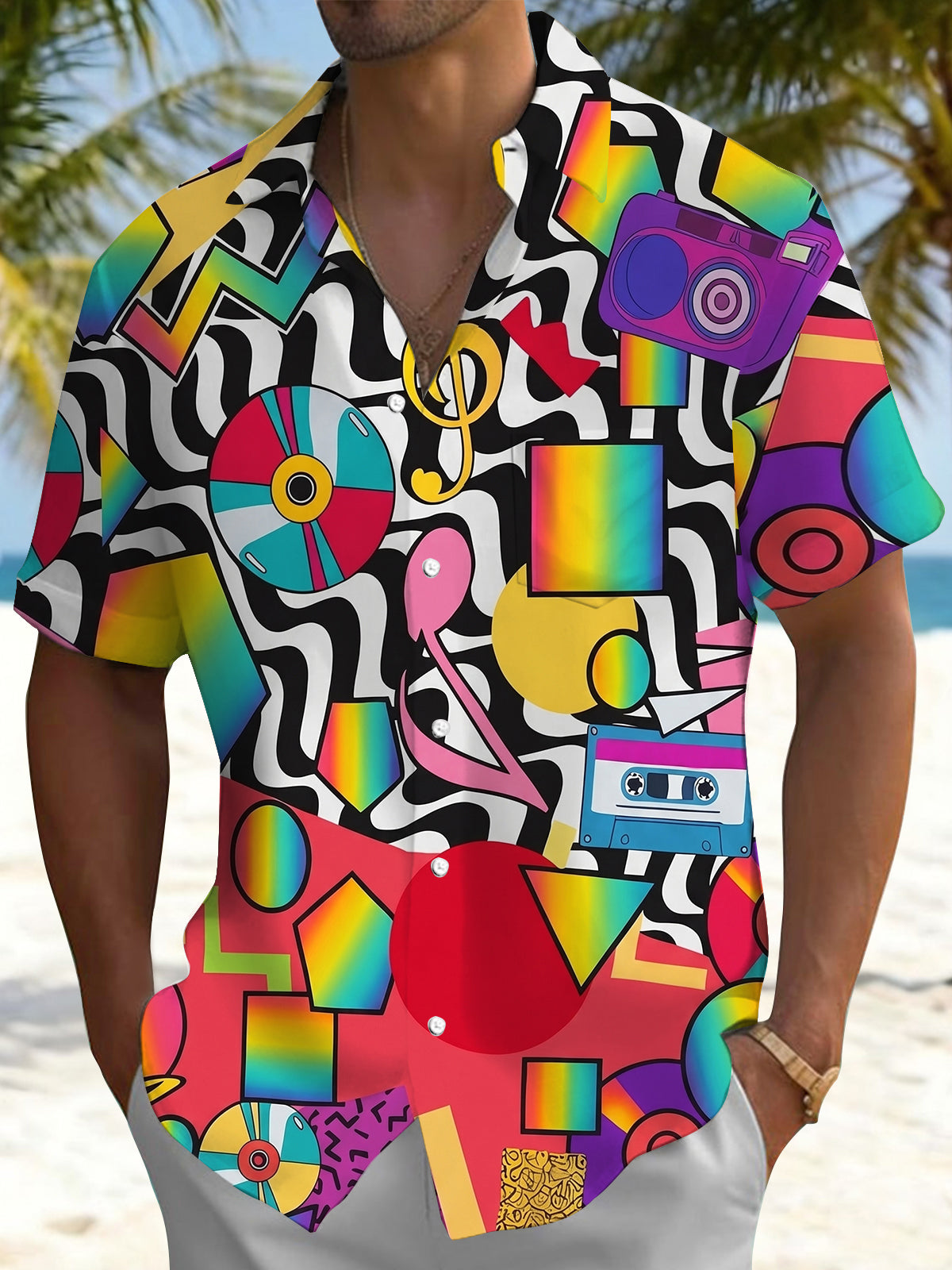 Adaychic Men's Geometric Retro 90s Music Graphic Print Short Sleeve Button Down Shirt with Chest Pocket