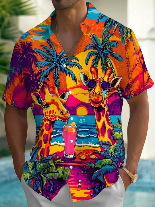 Fun Hawaiian Beach Vacation Giraffe Men's Pocket Short Sleeve Shirts