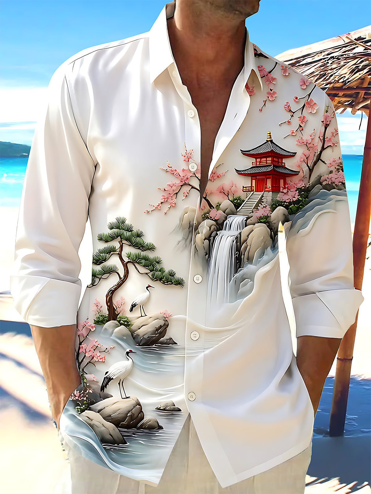 Artistic Floral Pavilion Landscape With Red-Crowned Cranes Men's Pocket Long Sleeve Shirts