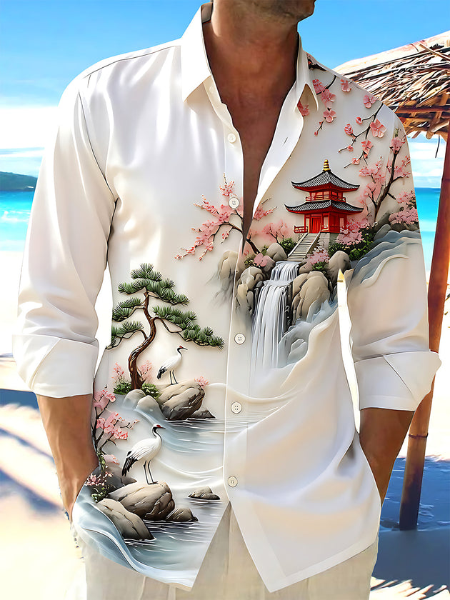 Artistic Floral Pavilion Landscape With Red-Crowned Cranes Men's Pocket Long Sleeve Shirts