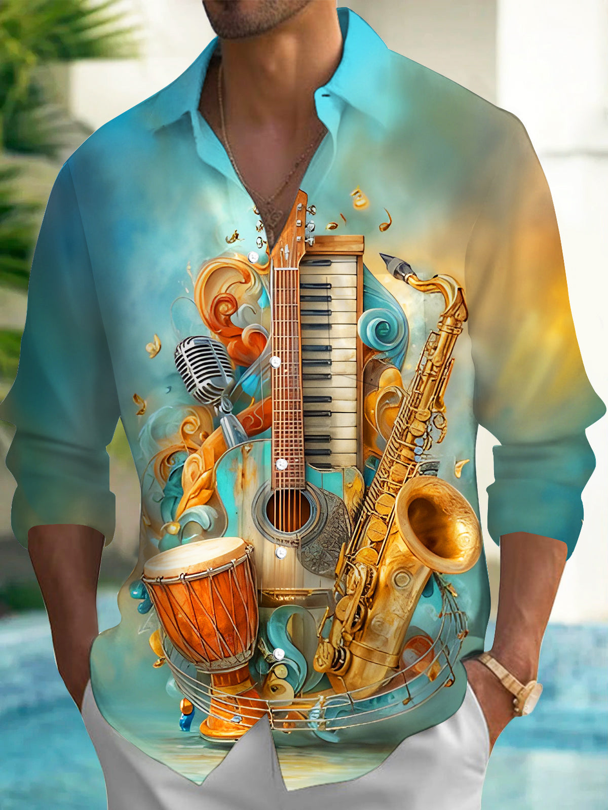 Artistic Vintage Musical Instruments Men's Pocket Long Sleeve Shirts