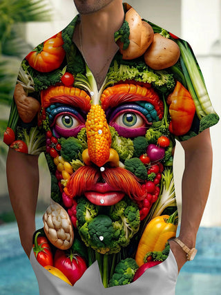 Adaychic Men's Graphic Vegetable Face Portrait Print Short Sleeve Button Down Shirt with Chest Pocket