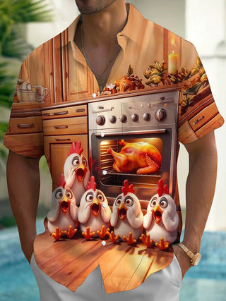 Adaychic Men's Graphic 3D Cartoon Chicken Kitchen Print Short Sleeve Button Down Shirt with Chest Pocket