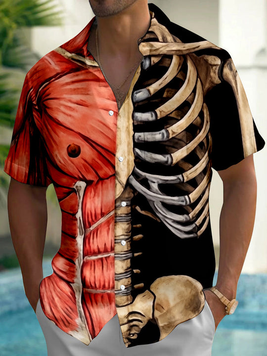 Dark Muscle And Skeleton Anatomy Design Men's Pocket Short Sleeve Shirts