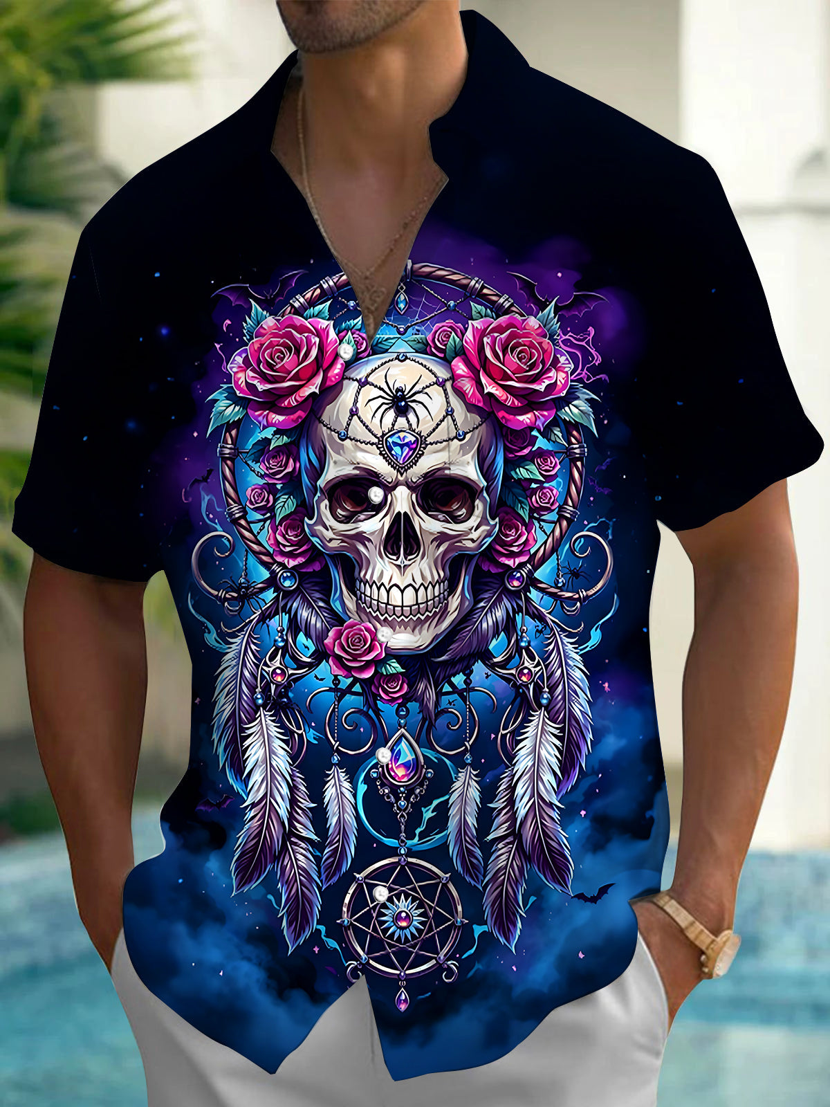 Dark Skull Dreamcatcher With Roses And Spiders Men's Pocket Short Sleeve Shirts