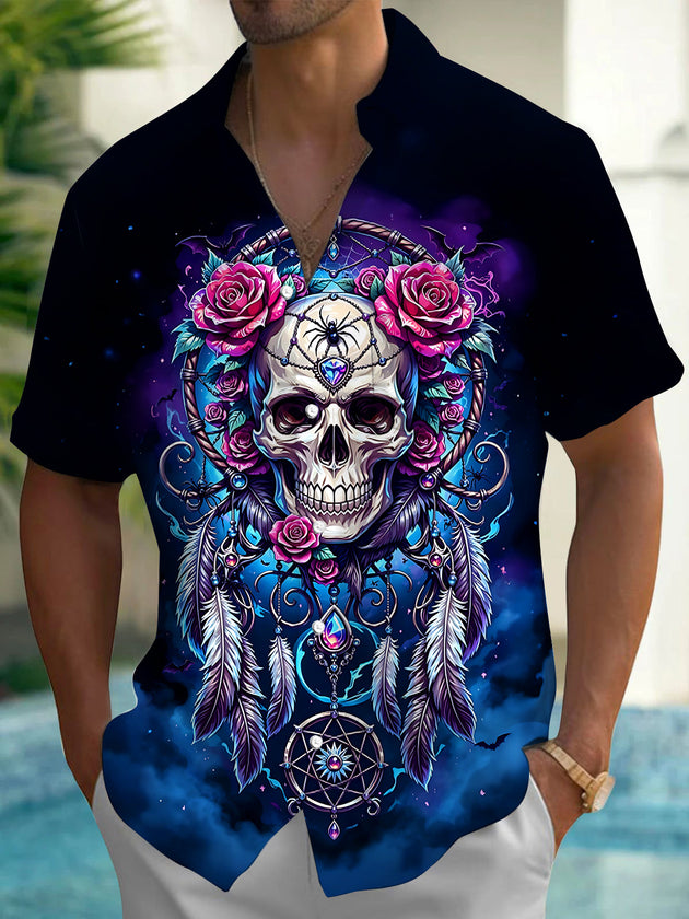 Dark Skull Dreamcatcher With Roses And Spiders Men's Pocket Short Sleeve Shirts