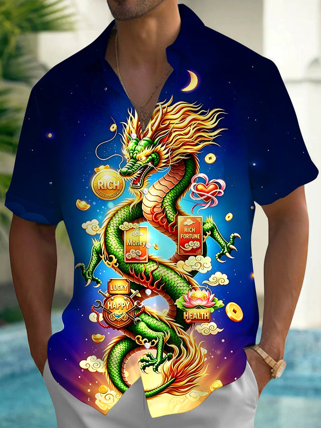 Fortune Auspicious Green Dragon Men's Pocket Short Sleeve Shirts