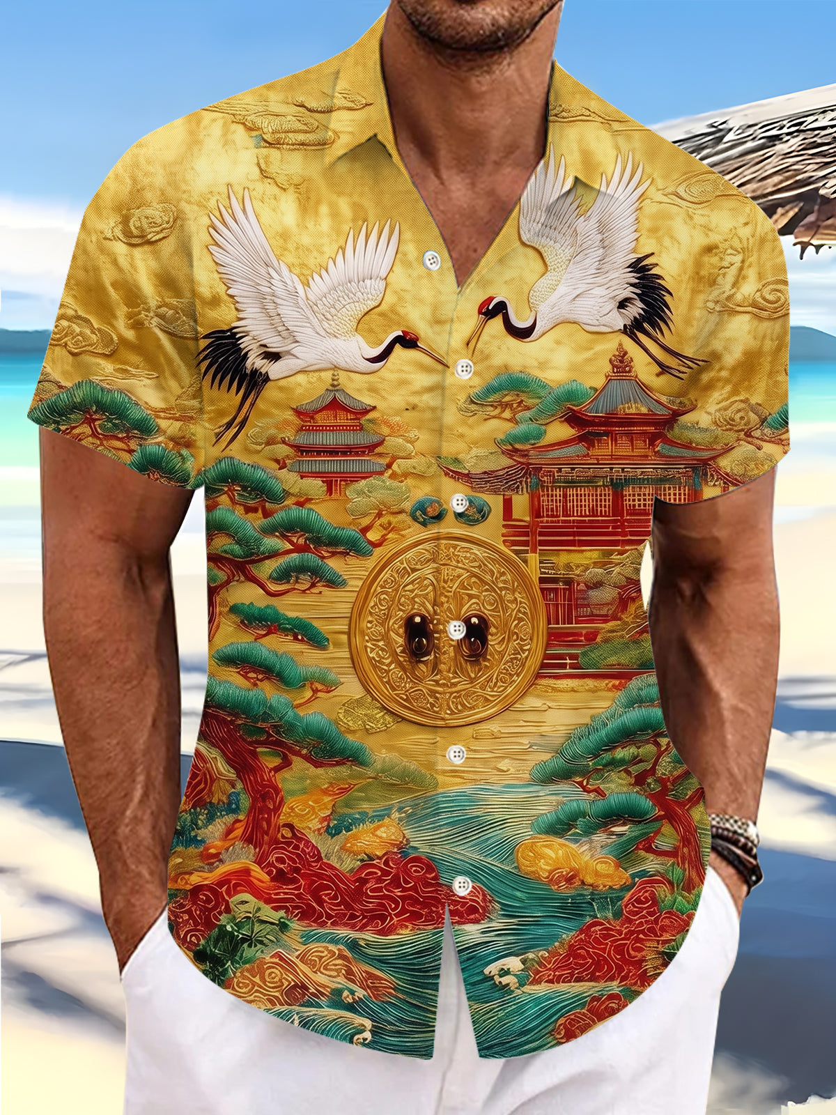 Artistic Gilded Cranes And Ancient Buildings Men's Pocket Short Sleeve Shirts