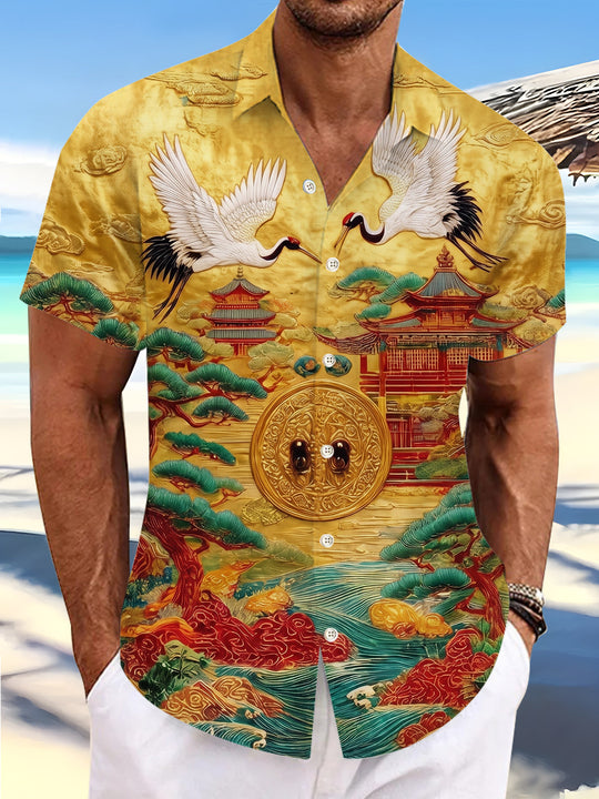 Artistic Gilded Cranes And Ancient Buildings Men's Pocket Short Sleeve Shirts