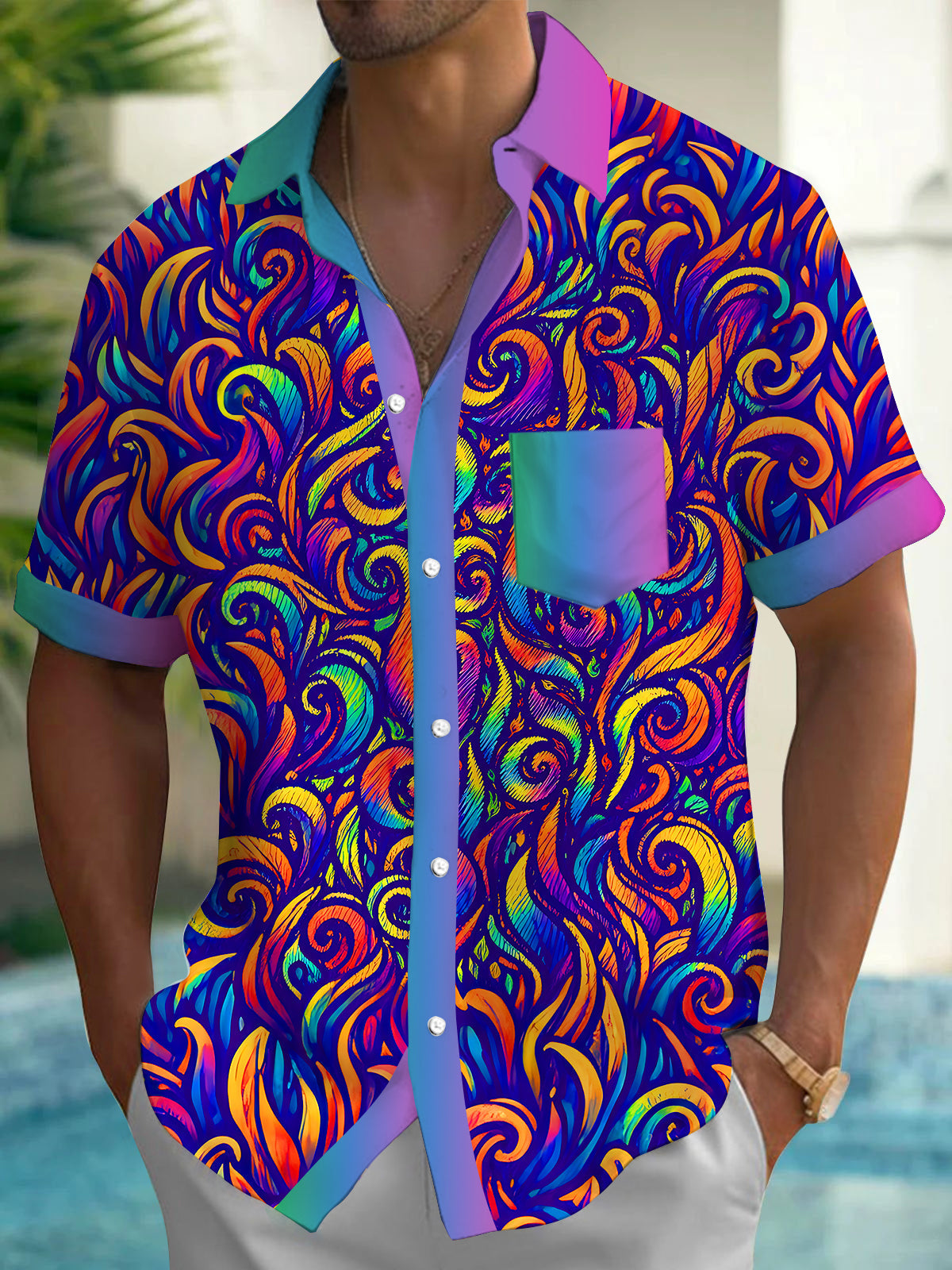 Colorful Swirl Abstract Pattern Men's Pocket Short Sleeve Shirts