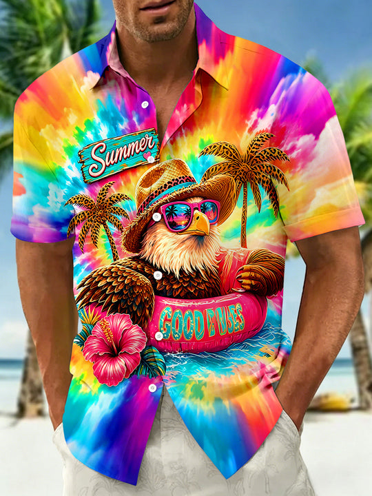 Hawaiian Tie-Dye Summer Vacation Eagle Men's Pocket Short Sleeve Shirts