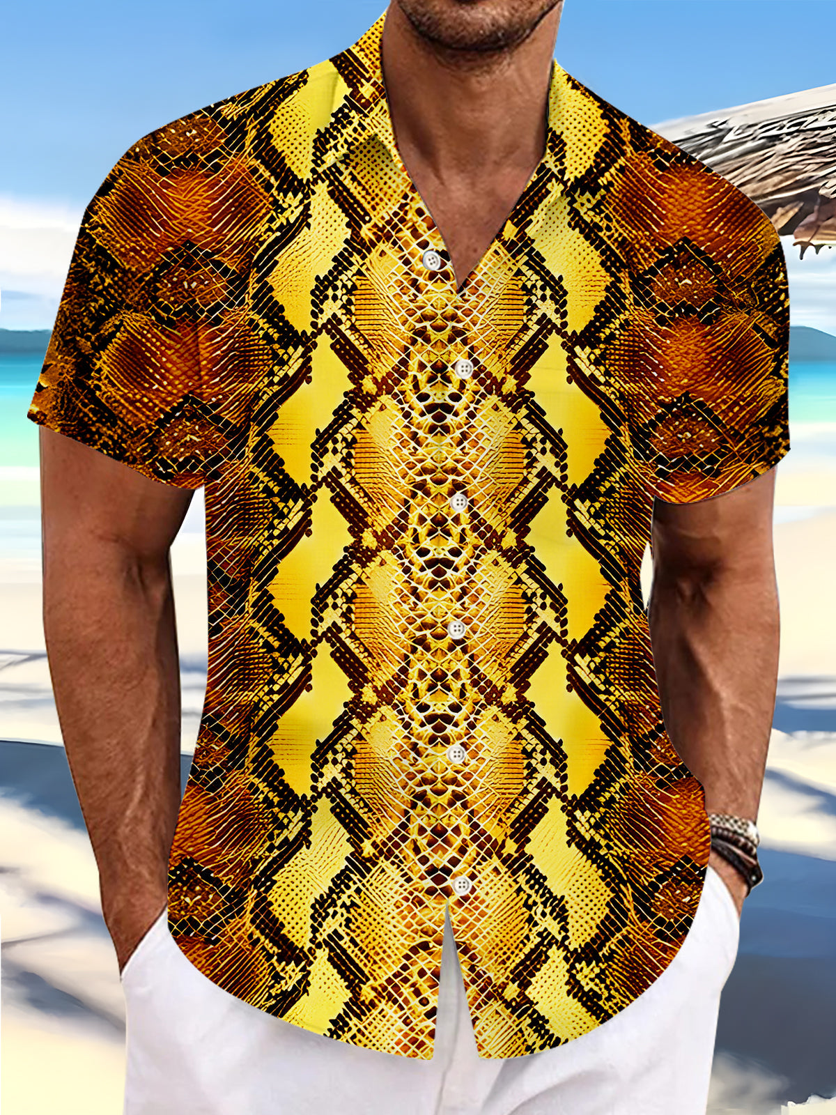Hawaiian Golden Python Skin Texture Men's Pocket Short Sleeve Shirts
