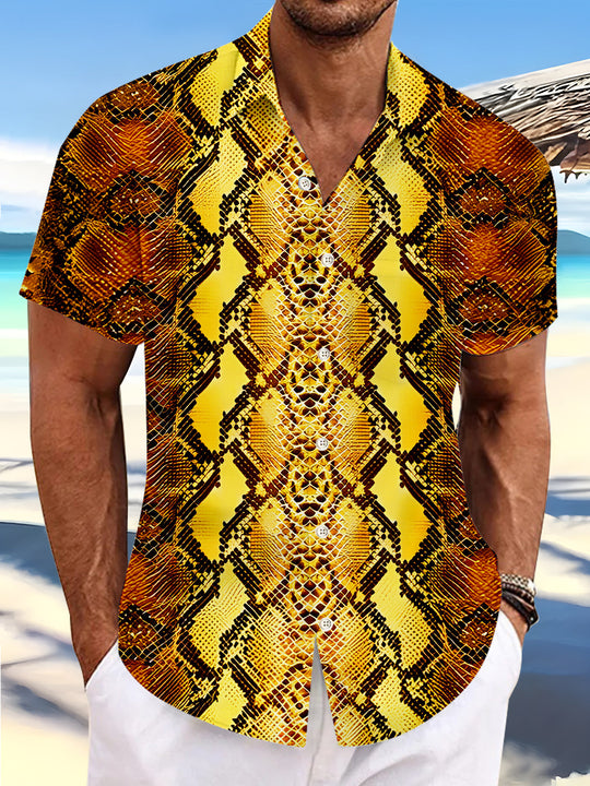 Hawaiian Golden Python Skin Texture Men's Pocket Short Sleeve Shirts