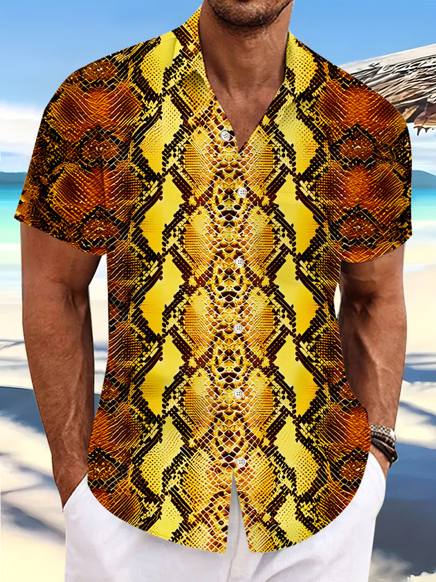 Hawaiian Golden Python Skin Texture Men's Pocket Short Sleeve Shirts