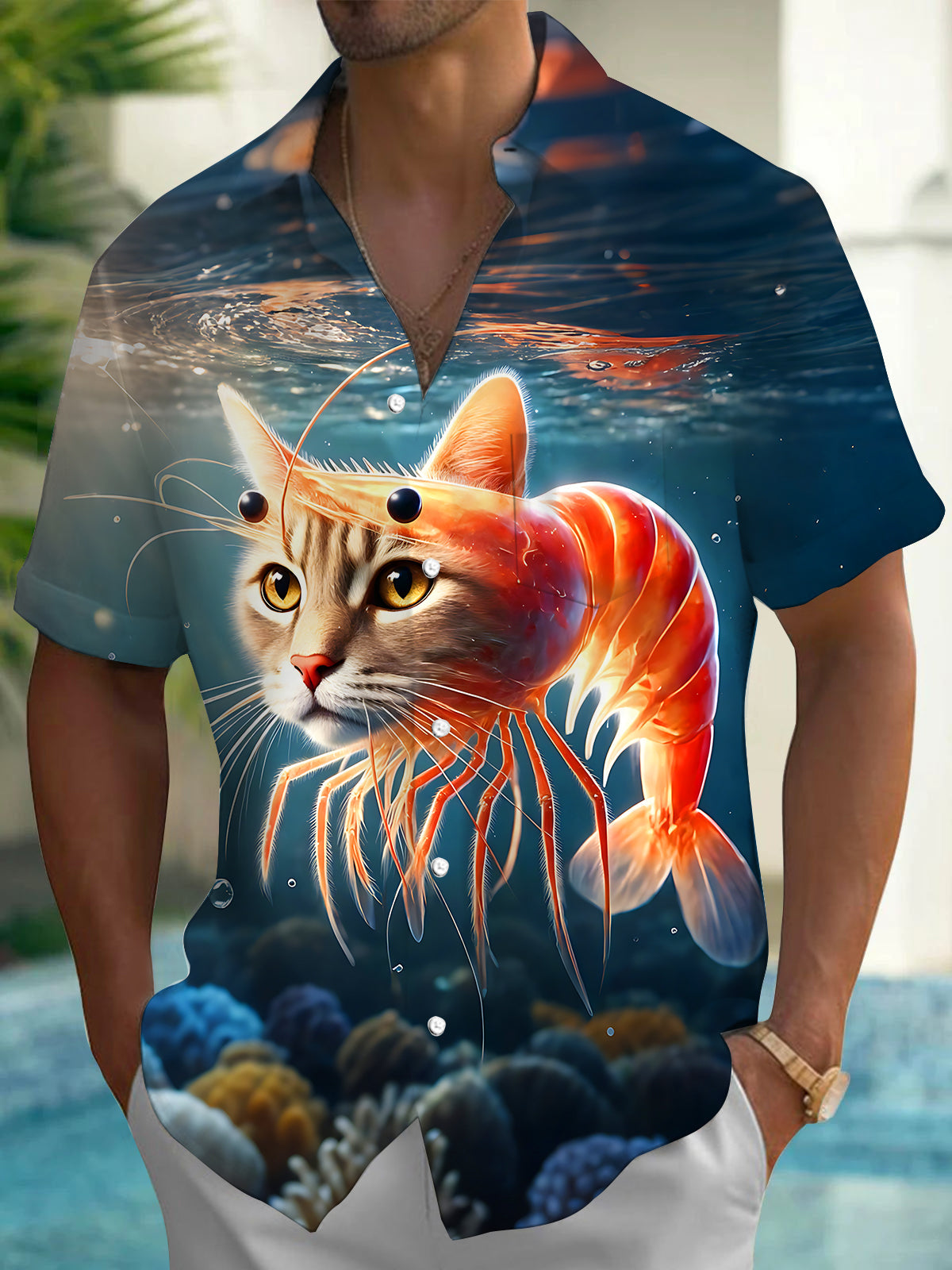 Funny Fantasy Cat Shrimp Hybrid Creature Men's Pocket Short Sleeve Shirts
