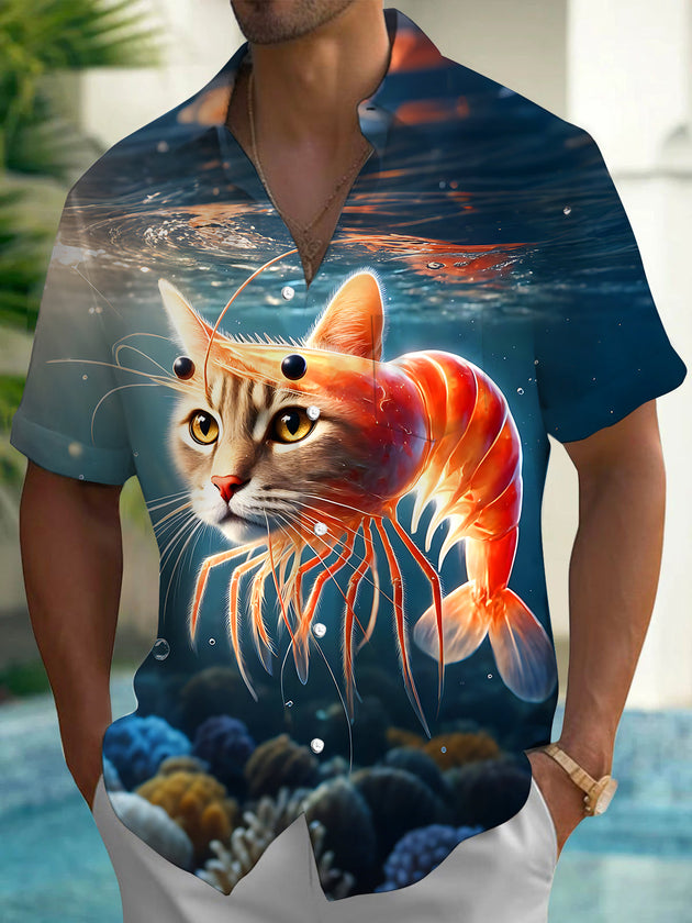 Funny Fantasy Cat Shrimp Hybrid Creature Men's Pocket Short Sleeve Shirts