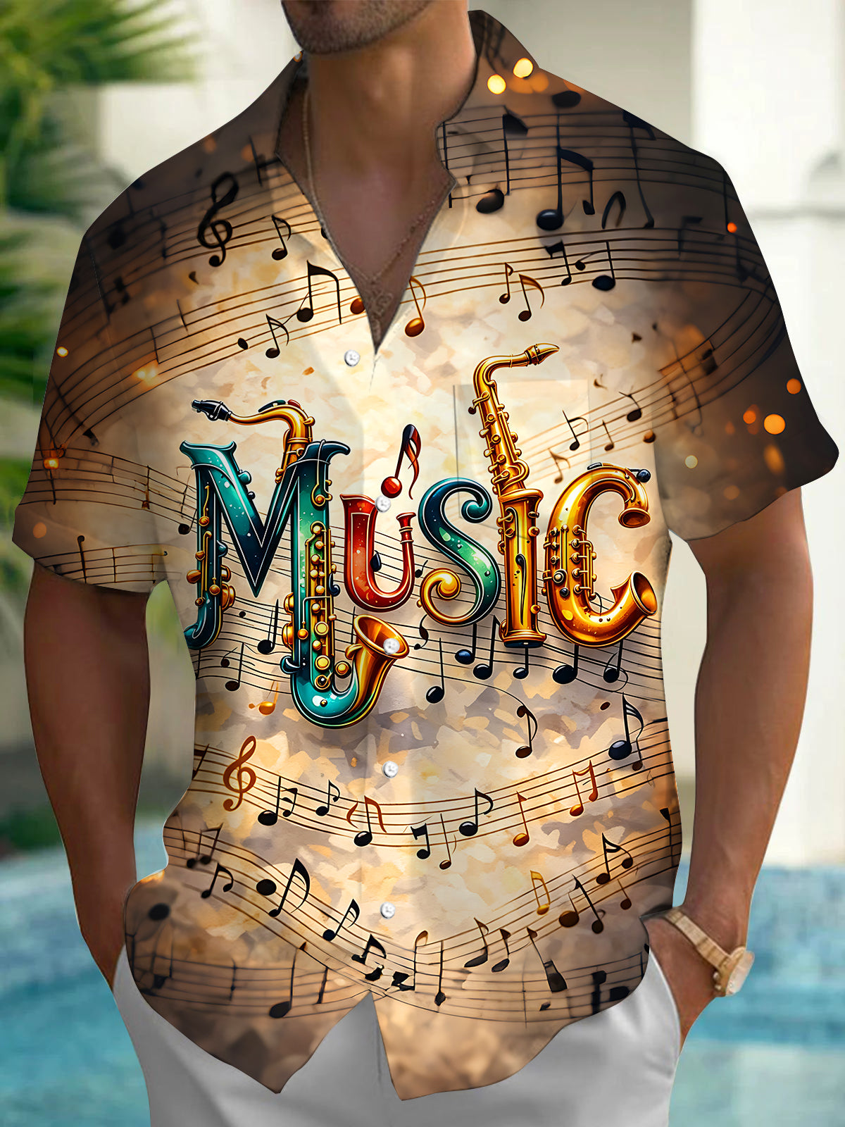 Artistic Vintage Saxophone Music Notes Men's Pocket Short Sleeve Shirts