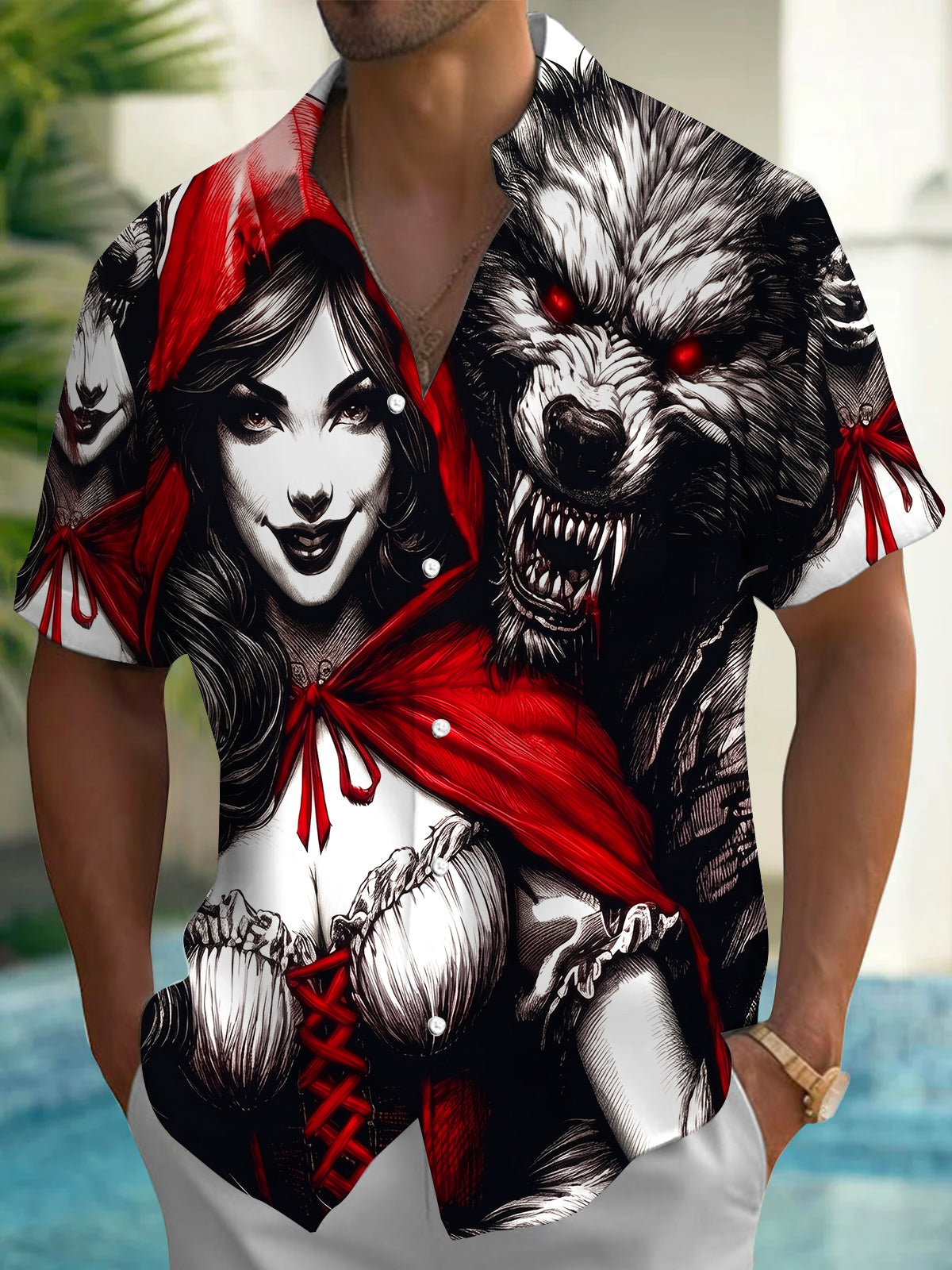 Dark Little Red Riding Hood And Wolf Men's Pocket Short Sleeve Shirts