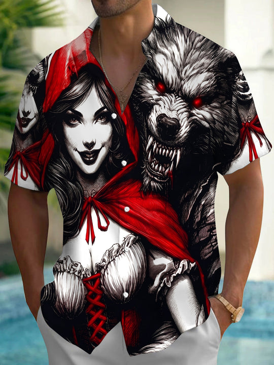 Dark Little Red Riding Hood And Wolf Men's Pocket Short Sleeve Shirts