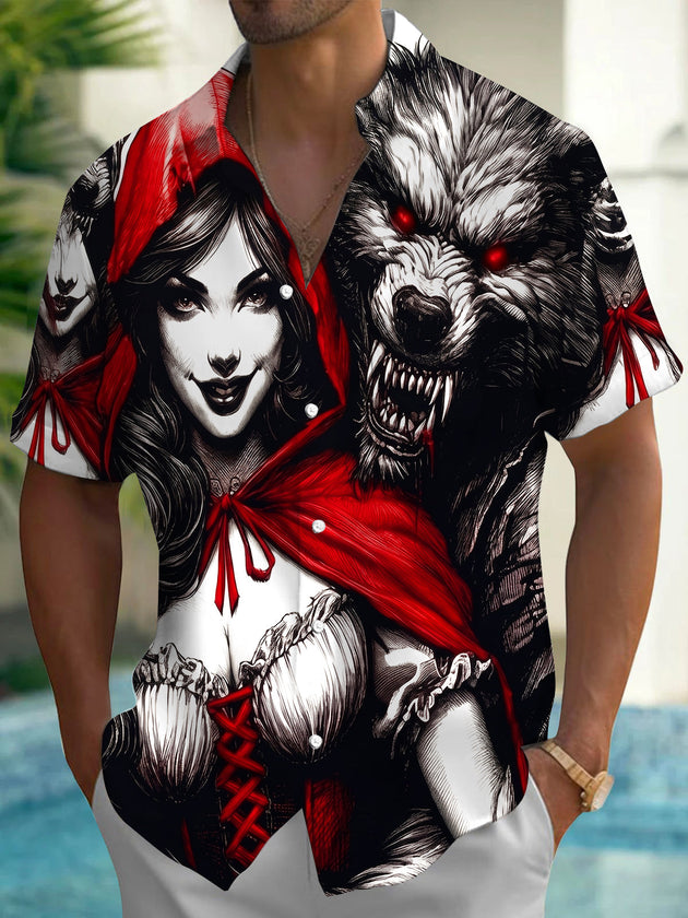 Dark Little Red Riding Hood And Wolf Men's Pocket Short Sleeve Shirts