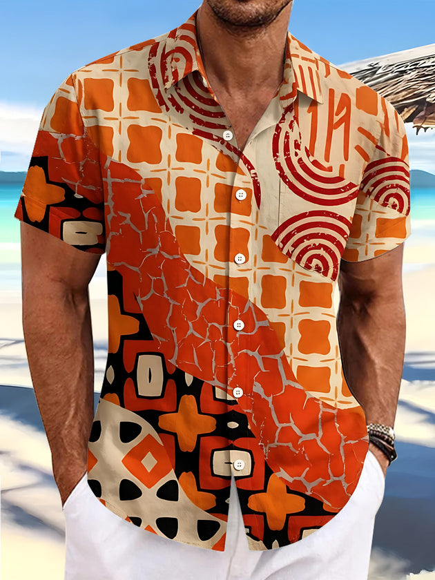 Vintage Tribal Geometric Pattern Men's Pocket Short Sleeve Shirts