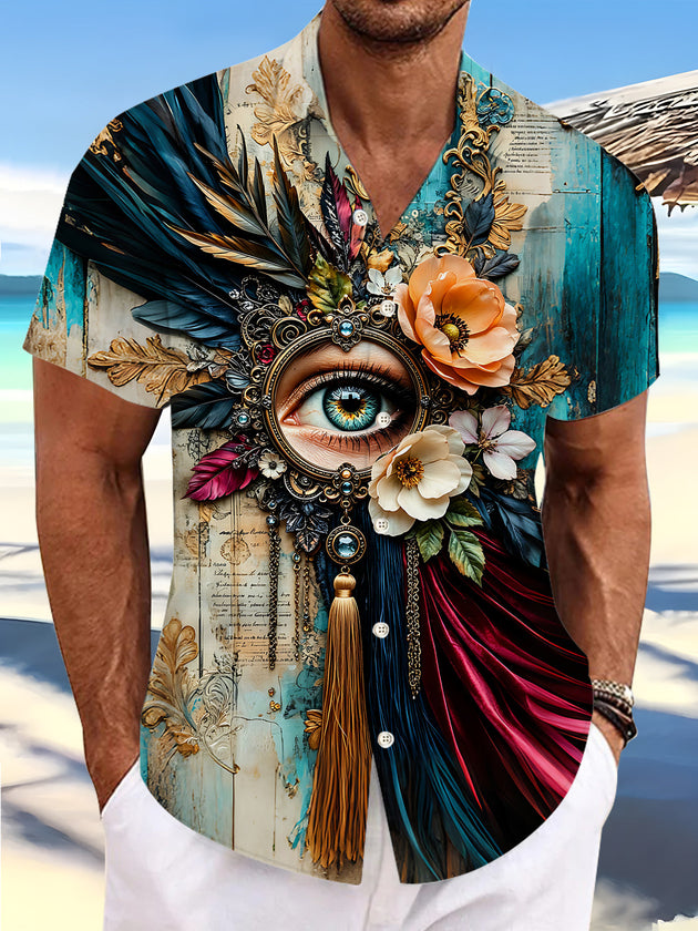 Artistic Vintage Floral Mystical Eye Men's Pocket Short Sleeve Shirts