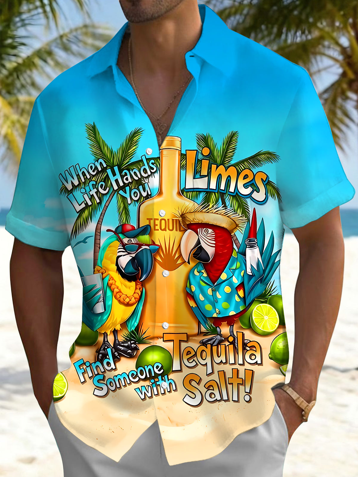Fun Hawaiian Parrot Tequila Men's Pocket Short Sleeve Shirts