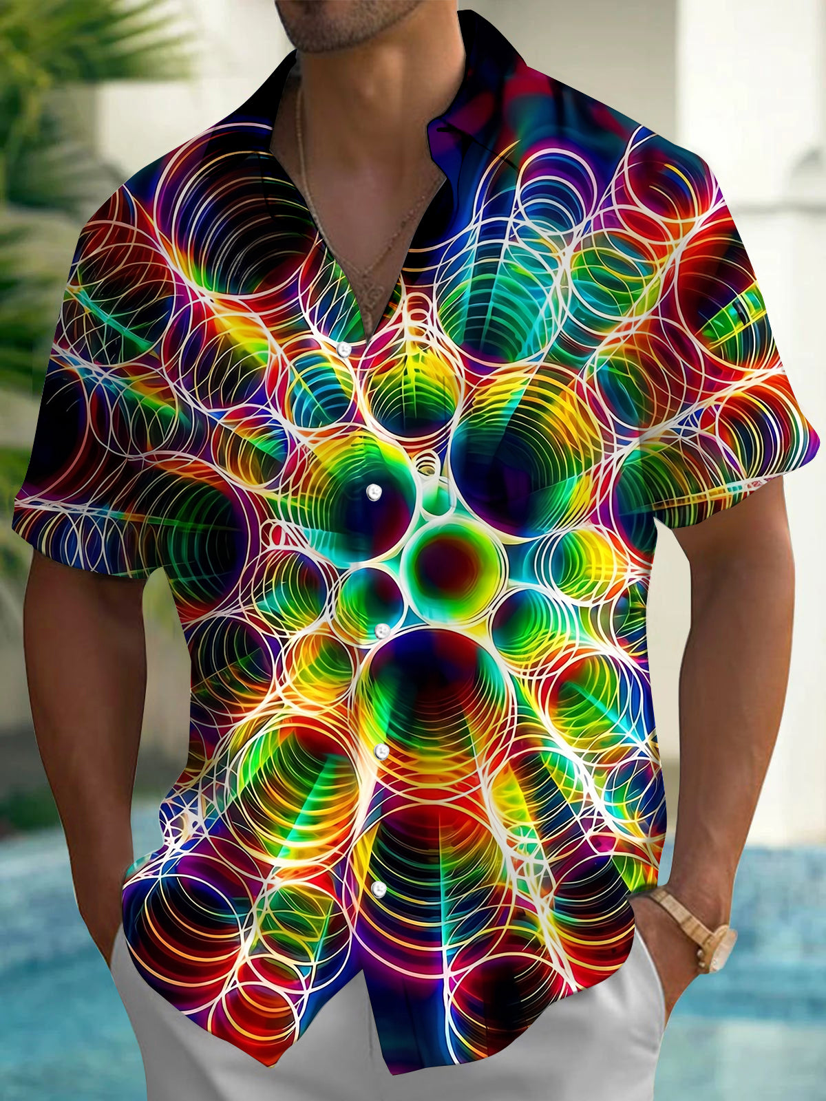 Neon Colorful Abstract Light Swirl Vortexes Men's Pocket Short Sleeve Shirts